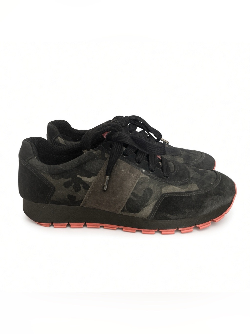 $650 Prada Black Suede and Camouflage Low-Top Sneakers sz 38 1/5
